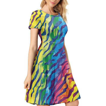 Luxtrini Rainbow Animal Print Womens Scoop Neck Short Sleeve Ruffle Dress - Vibrant, Custom Handmade, Perfect for All Occasions