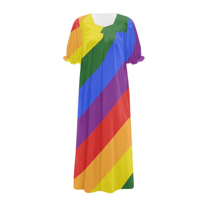 Rainbow Puff Sleeve Dress - Soft Polyester, Unique Collarbone-Flattering Design, Perfect for Multiple Occasions