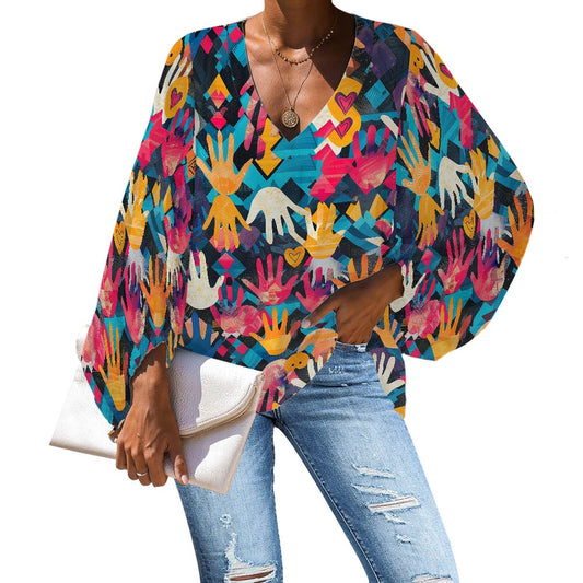 V-Neck Chiffon Puff Sleeve Blouse by Luxtrini 4XL