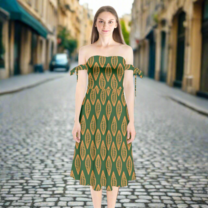 African Ethnic Orange Green Shoulder Tie Bardot Midi Dress