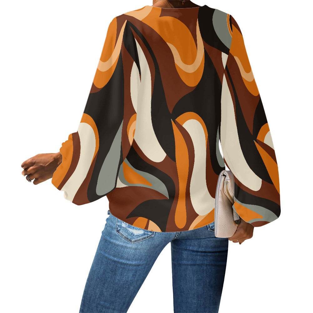 Abstract Curved Lines V-Neck Chiffon Puff Sleeve Blouse by Luxtrini