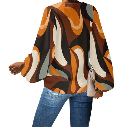 Abstract Curved Lines V-Neck Chiffon Puff Sleeve Blouse by Luxtrini