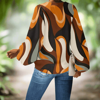 Abstract Curved Lines V-Neck Chiffon Puff Sleeve Blouse by Luxtrini