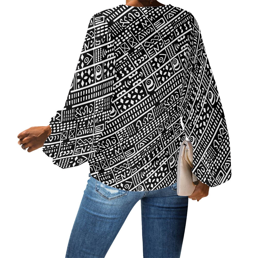 African Mudcloth-Inspired Geometric V-Neck Chiffon Puff Sleeve Blouse by Luxtrini