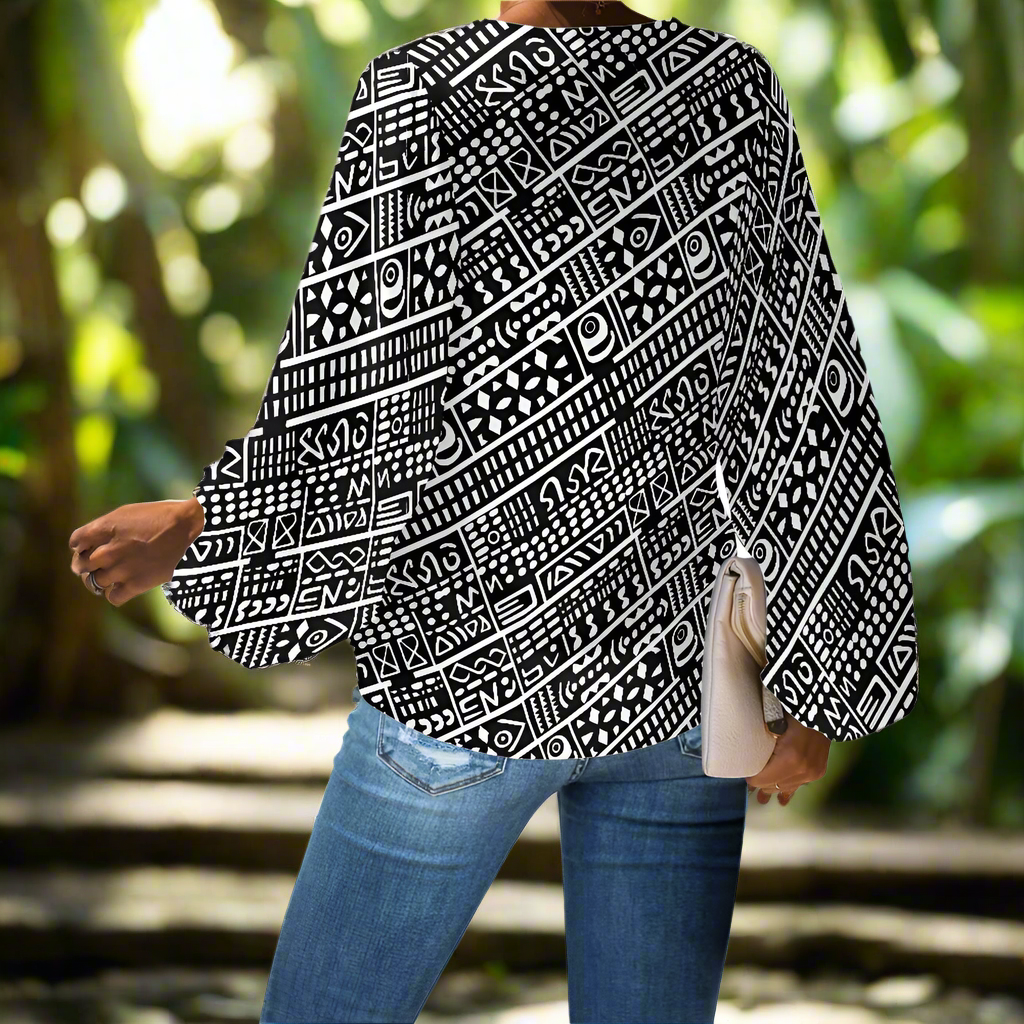 African Mudcloth-Inspired Geometric V-Neck Chiffon Puff Sleeve Blouse by Luxtrini
