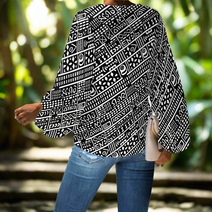 African Mudcloth-Inspired Geometric V-Neck Chiffon Puff Sleeve Blouse by Luxtrini