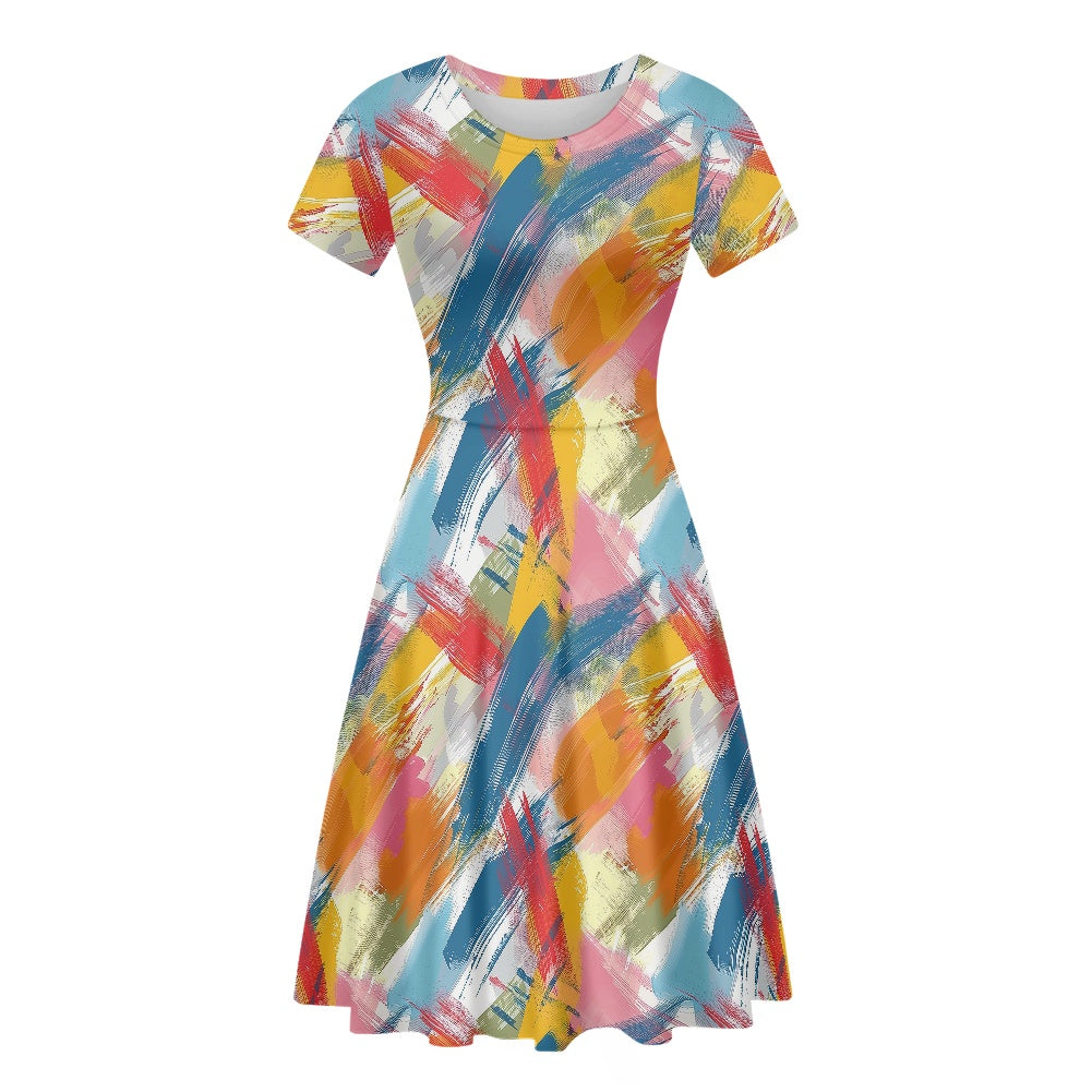 Women Scoop Neck Short Sleeve Ruffle Dress white