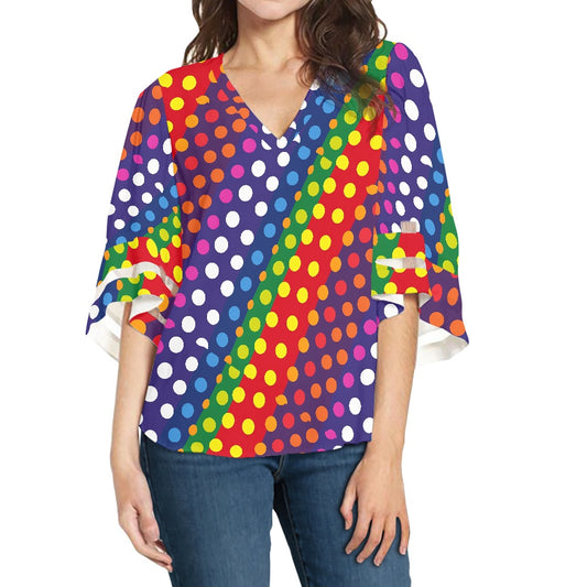 LGBTQ-Friendly Rainbow Polka Dot V-Neck Women Puff Sleeve Blouse by Luxtrini