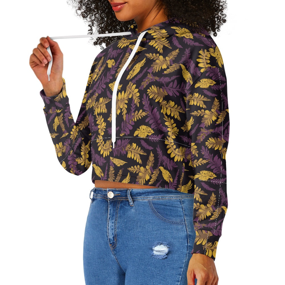 Women's midriff-baring sweatshirt - Purple & Gold Tropical