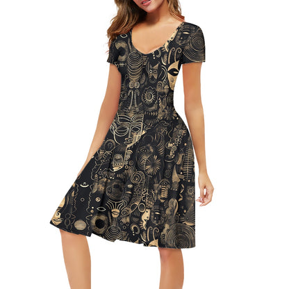 Black and Beige Women V-Neck Short Sleeve Ruffle Dress with Afrofuturism Touches