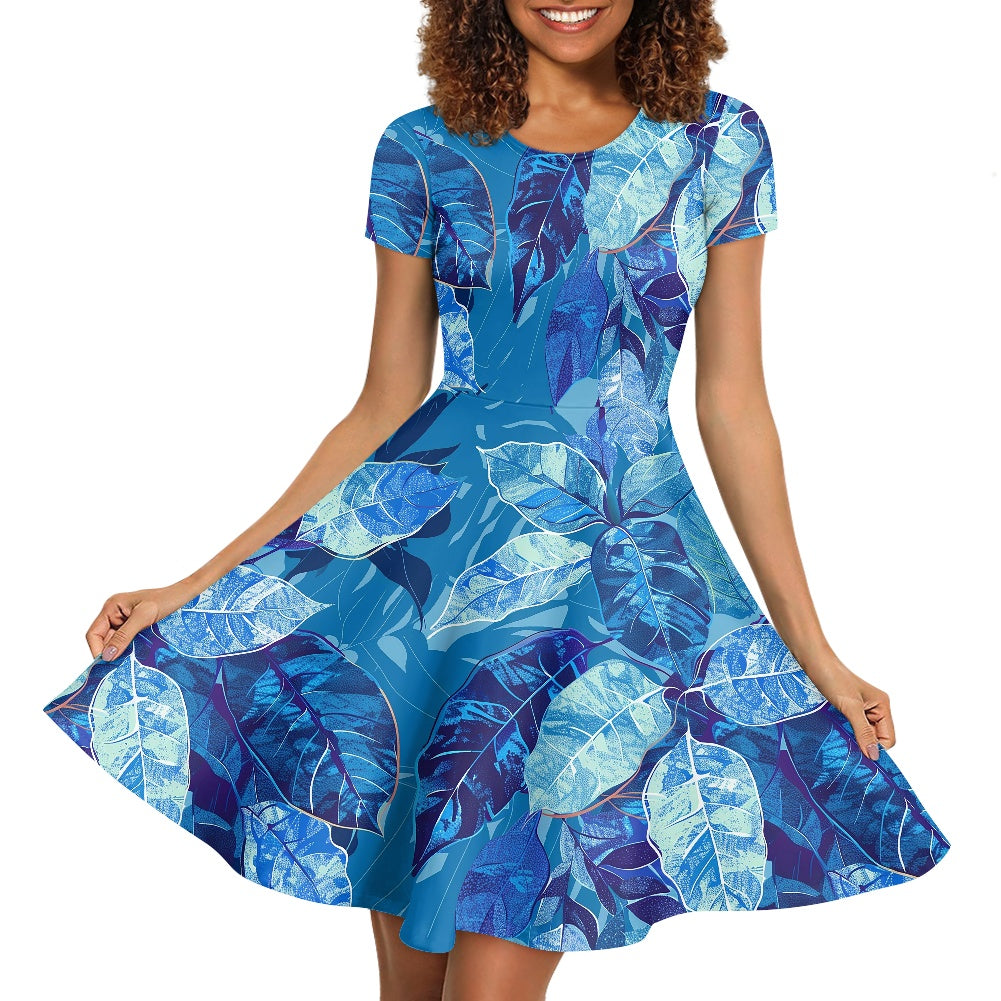 Luxtrini Womens Scoop Neck Short Sleeve Ruffle Dress with Nature-Inspired Ethnic Patterns - Custom Handmade, Versatile for All Occasions