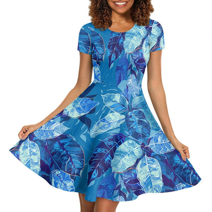 Luxtrini Womens Scoop Neck Short Sleeve Ruffle Dress with Nature-Inspired Ethnic Patterns - Custom Handmade, Versatile for All Occasions