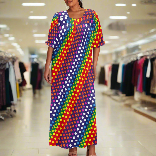 LGBTQ-Friendly Rainbow Polka Dot 
Elegant Loose-Fit Maxi Dress with Half Puff Sleeves, Button-Down Front, and Gathered Yoke – Perfect for Summer by Luxtrini