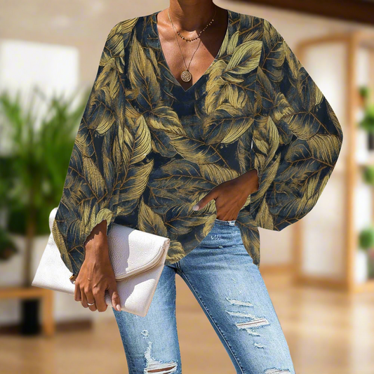Golden Palm Leaves on Navy V-Neck Chiffon Puff Sleeve Blouse by Luxtrini