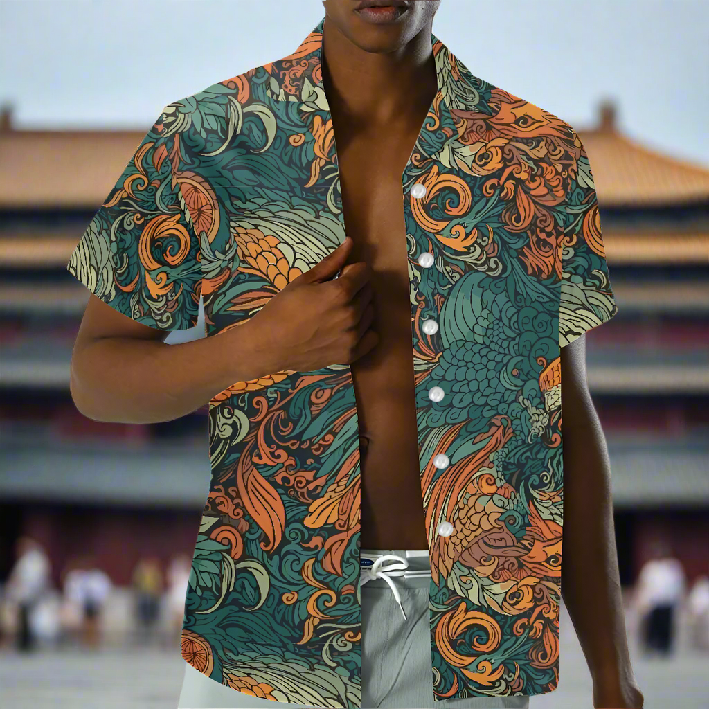 Luxtrini Men’s Dragon and Phoenix Aloha Shirt – Eco Hawaiian Button-Up with Artistic Mythology Print (2XS–7XL)