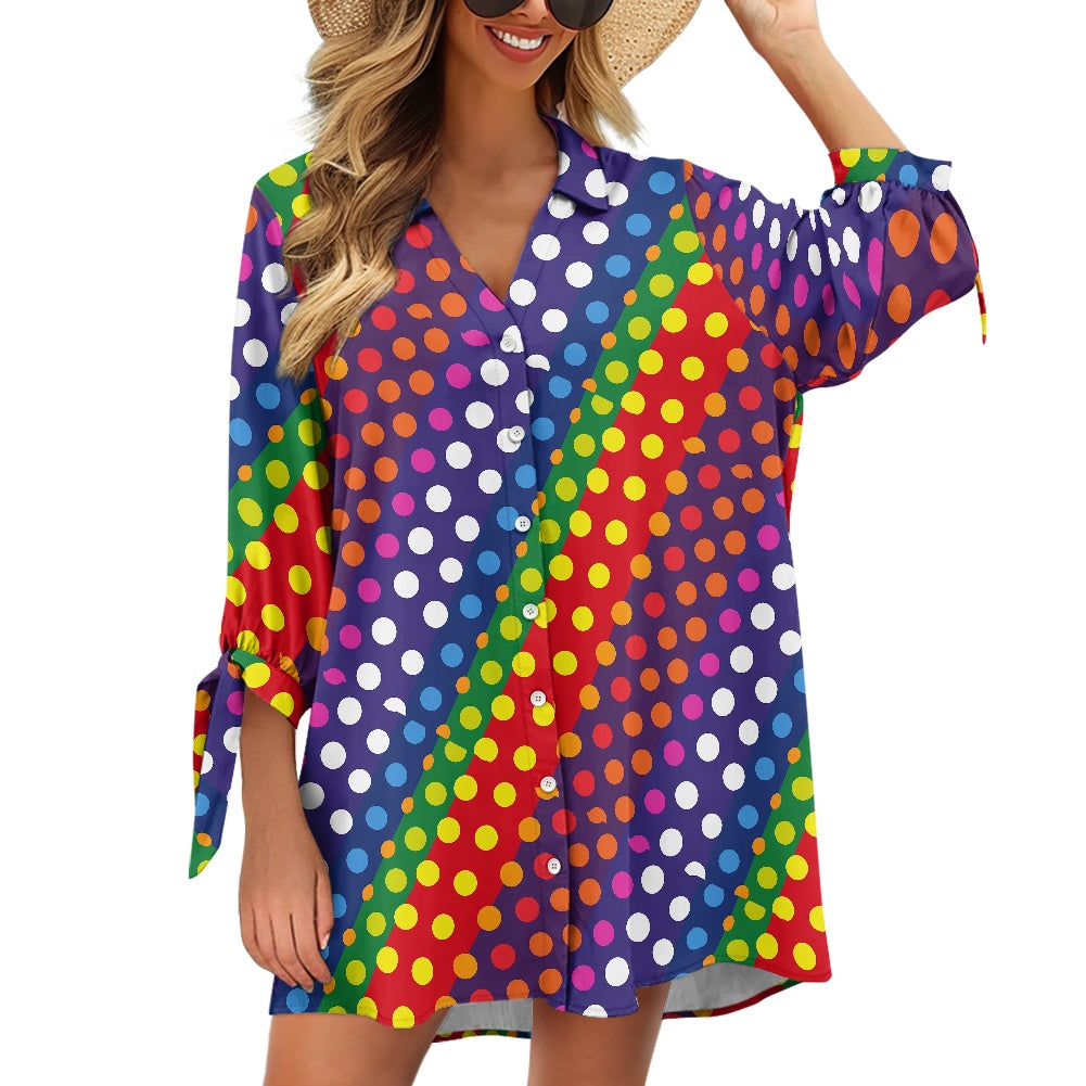 Rainbow Polka Dot Button-Up Tunic Women's three quarter sleeve cardigan shirt rainbow