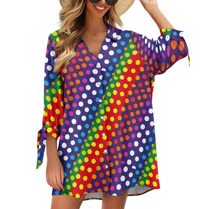 Rainbow Polka Dot Button-Up Tunic Women's three quarter sleeve cardigan shirt rainbow