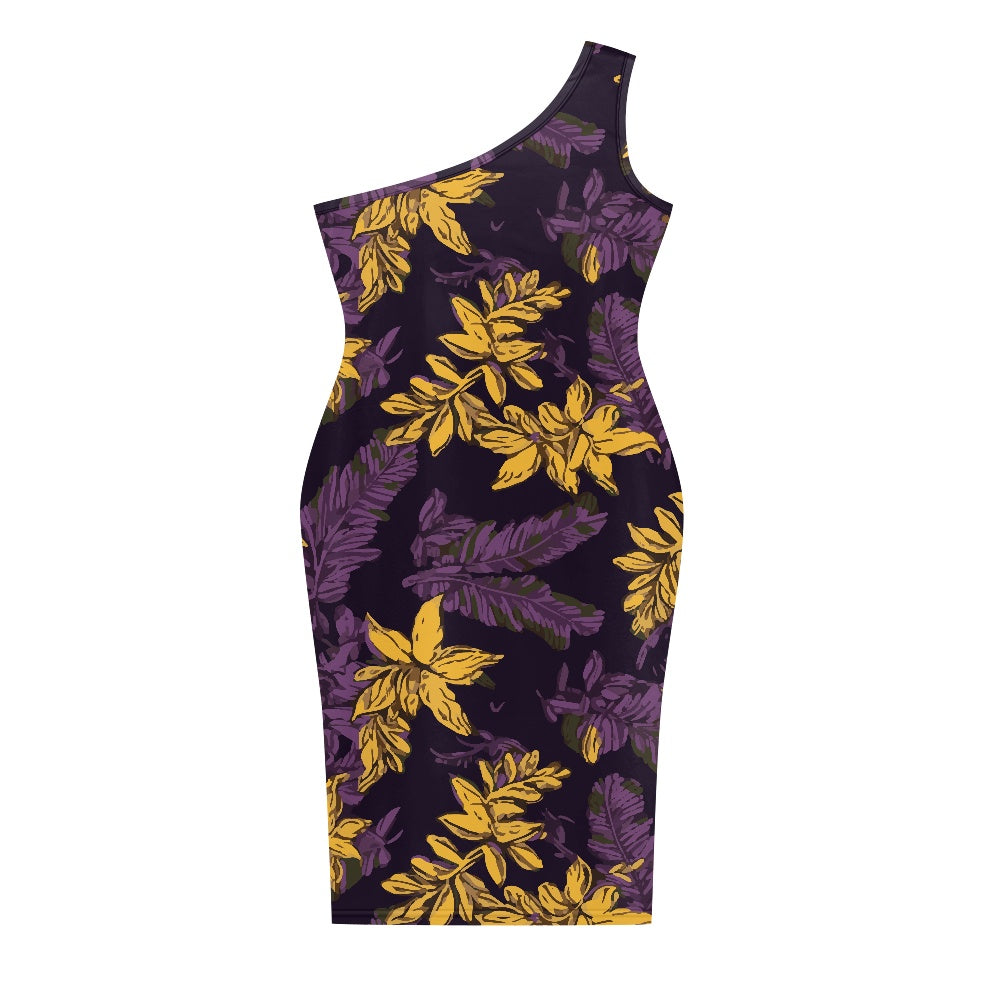 Discover Elegance: Luxtrini's One-Shoulder Slim Dress - Tropical Purple & Gold