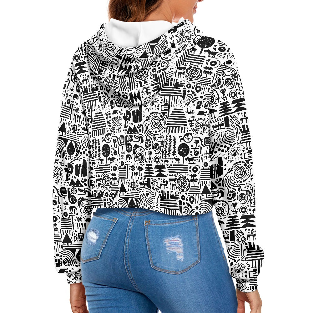 Women's midriff-baring sweatshirt - Ethnic B&W