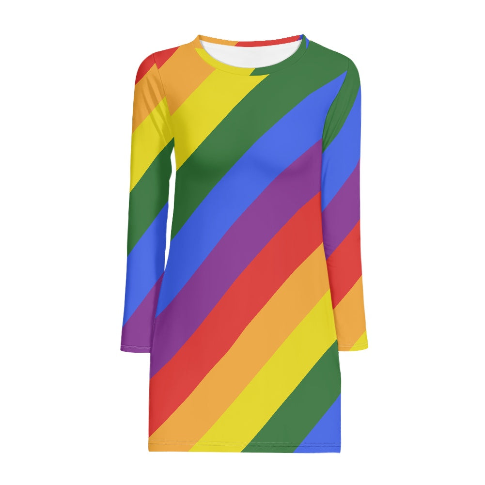 Rainbow Pride Long Sleeve Dress | Women's Colorful Striped Mini Dress with Round Neckline | Casual to Formal Wear | High-Resolution Pride Flag Inspired Fashion white