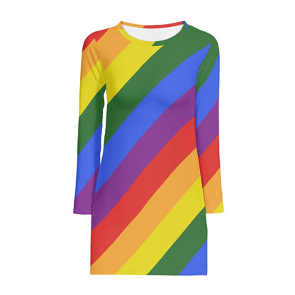 Rainbow Pride Long Sleeve Dress | Women's Colorful Striped Mini Dress with Round Neckline | Casual to Formal Wear | High-Resolution Pride Flag Inspired Fashion white