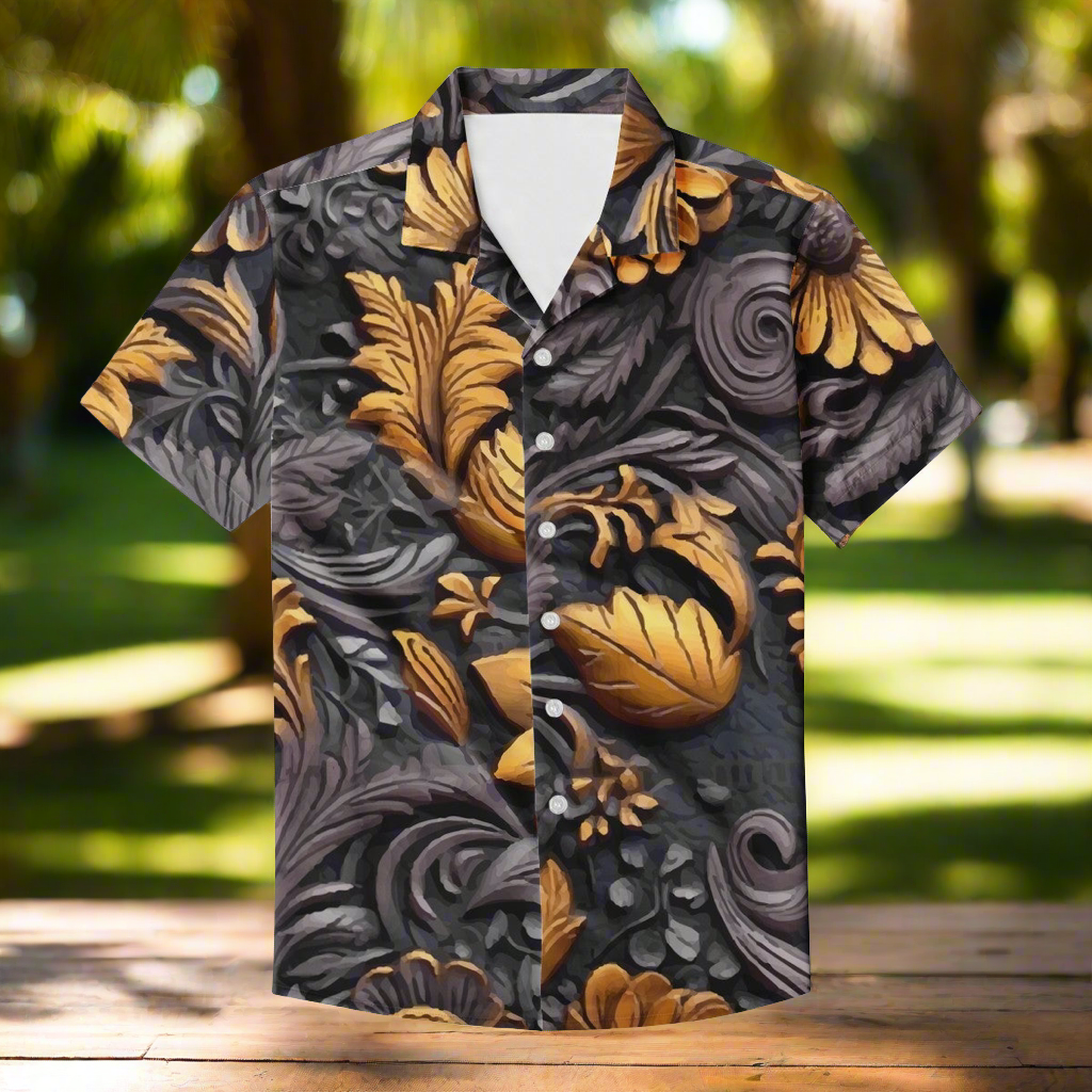 Gold Flowers Woodcut Men's Casual Shirt