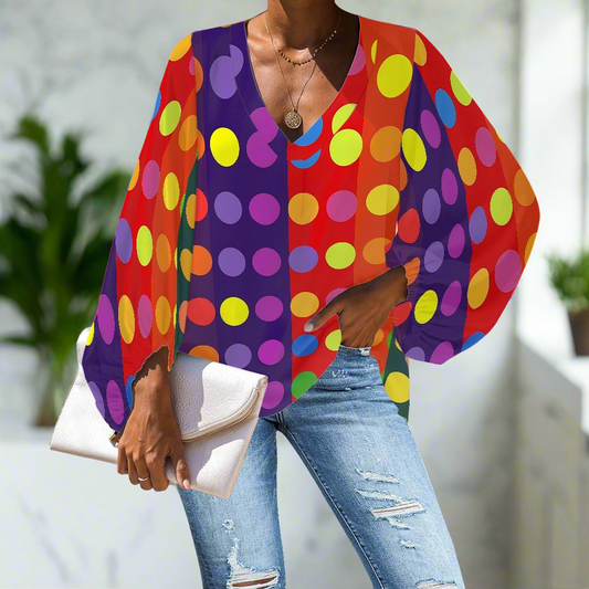 Large Polka Dots on Large Stripes V-Neck Chiffon Puff Sleeve Blouse by Luxtrini