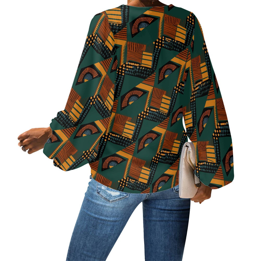 African-Inspired Geometric Print V-Neck Chiffon Puff Sleeve Blouse by Luxtrini