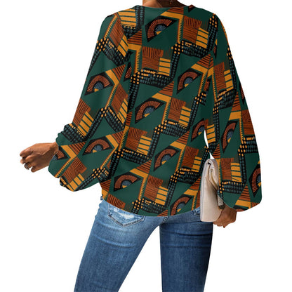 African-Inspired Geometric Print V-Neck Chiffon Puff Sleeve Blouse by Luxtrini
