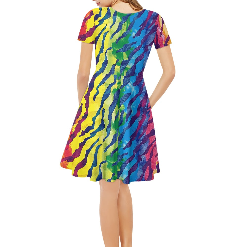 Rainbow Animal Skin Women V-Neck Short Sleeve Ruffle Dress