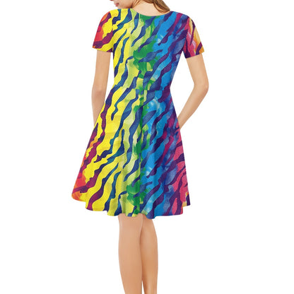 Rainbow Animal Skin Women V-Neck Short Sleeve Ruffle Dress