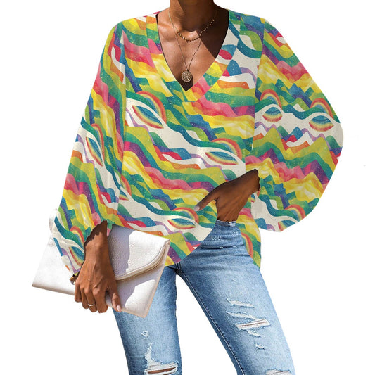 V-Neck Chiffon Puff Sleeve Blouse by Luxtrini 4XL