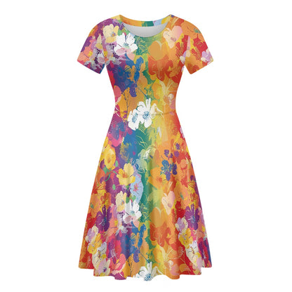 Women Scoop Neck Short Sleeve Ruffle Dress white
