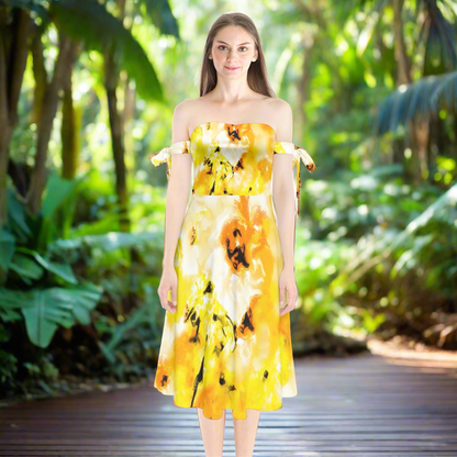 Shoulder Tie Bardot Midi Dress Yellow Hibiscus Impressionist by Luxtrini