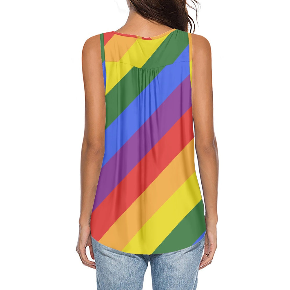 Rainbow Striped Sleeveless V-Neck Top with Button Detail - Colorful Spring/Summer Tank Top for All Body Shapes