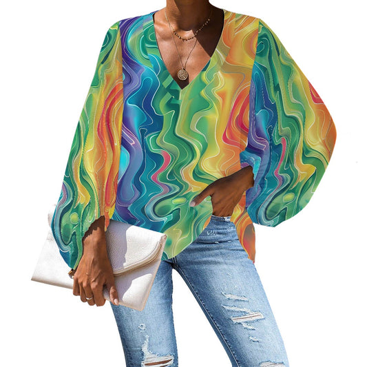V-Neck Chiffon Puff Sleeve Blouse by Luxtrini 4XL