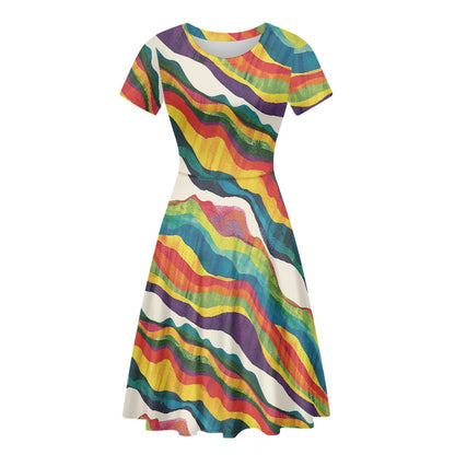 Women Scoop Neck Short Sleeve Ruffle Dress white