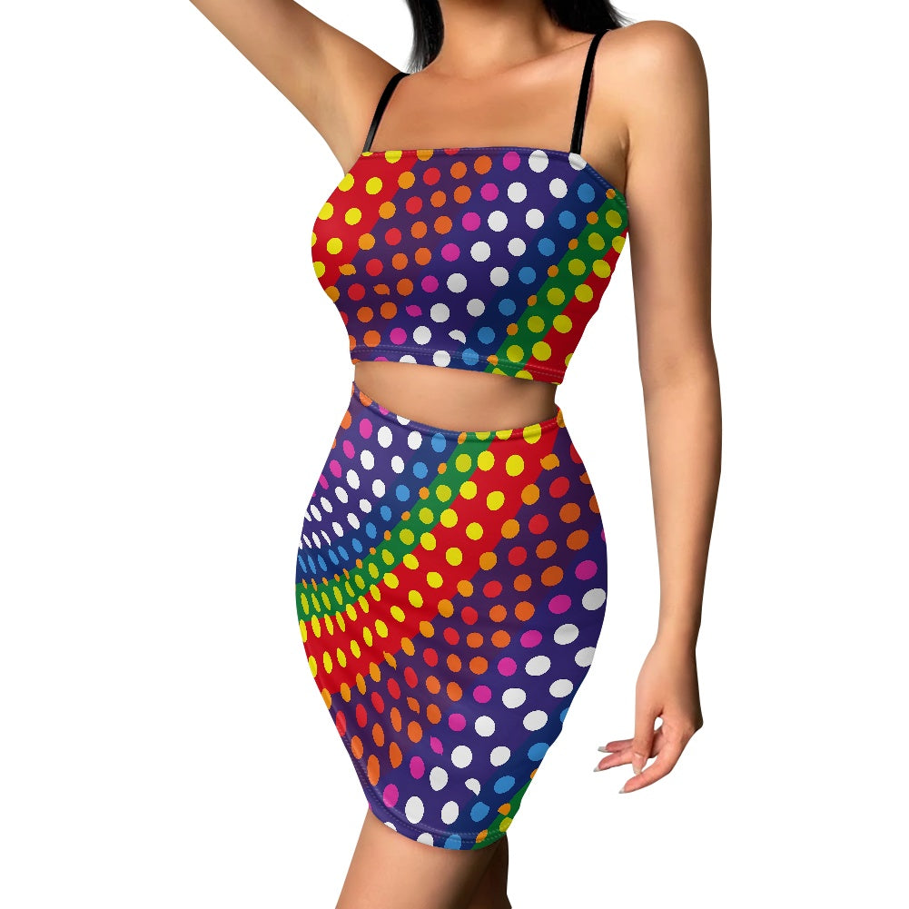 LGBTQ-Friendly Rainbow Polka Dot Fashionable Two-Piece Outfit: Bandeau Crop Top and High-Waist Mini Skirt by Luxtrini