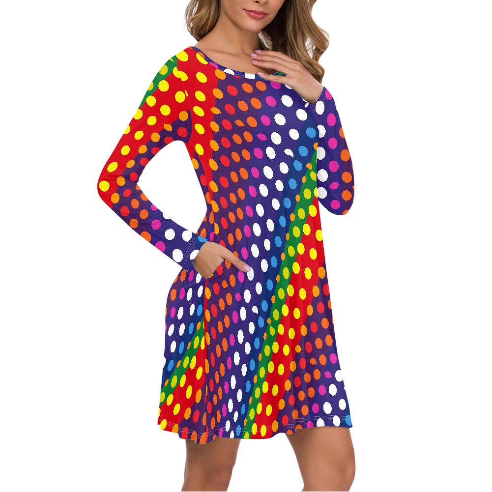 LGBTQ-Friendly Rainbow Polka Dot Casual Dress (Double pocket) by Luxtrini