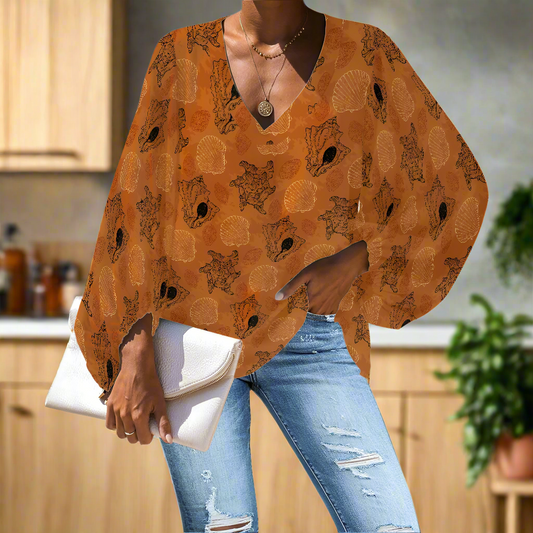 Orange Seashell Ocean V-Neck Chiffon Puff Sleeve Blouse by Luxtrini
