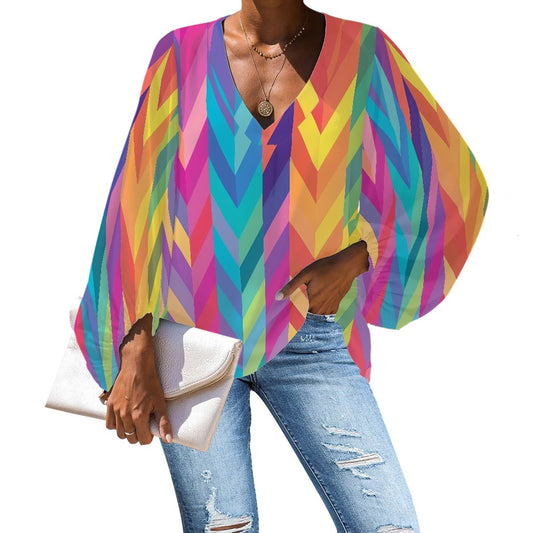 V-Neck Chiffon Puff Sleeve Blouse by Luxtrini