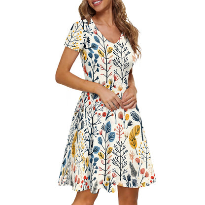 Women V-Neck Short Sleeve Ruffle Dress