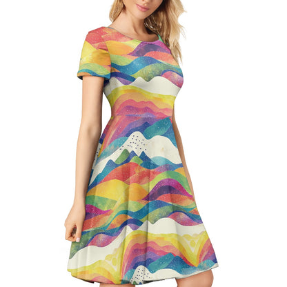 Women Scoop Neck Short Sleeve Ruffle Dress