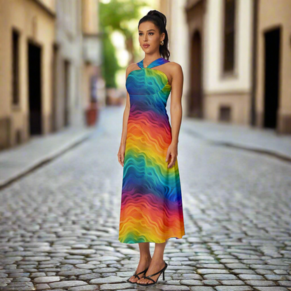 LGBTQ Rainbow Pride Sleeveless Cross Front Cocktail Midi Chiffon Dress