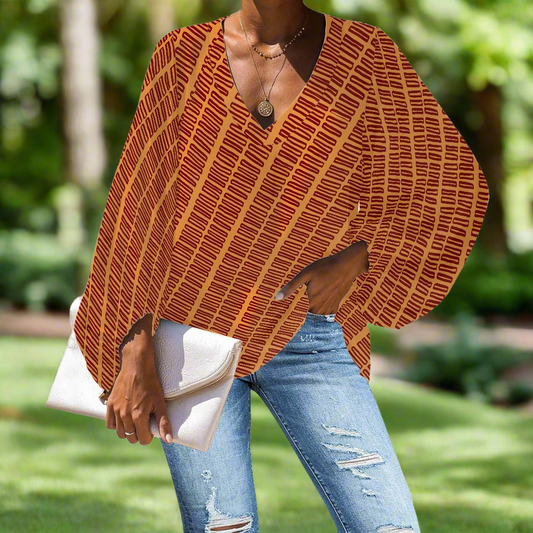 Dark Orange African Mudcloth V-Neck Chiffon Puff Sleeve Blouse by Luxtrini