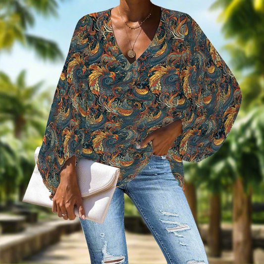 Chinese Phoenix and Dragon V-Neck Chiffon Puff Sleeve Blouse by Luxtrini