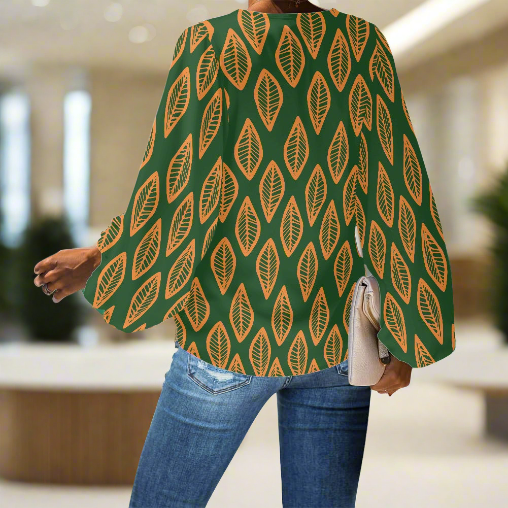 Green and Orange Mudcloth V-Neck Chiffon Puff Sleeve Blouse by Luxtrini