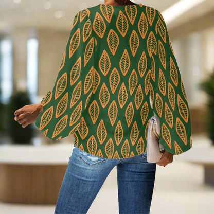 Green and Orange Mudcloth V-Neck Chiffon Puff Sleeve Blouse by Luxtrini