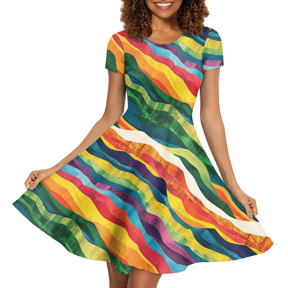 Women Scoop Neck Short Sleeve Ruffle Dress