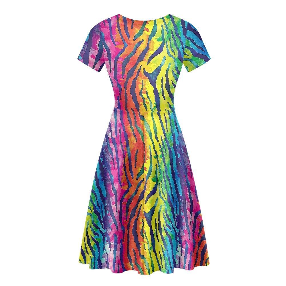 Rainbow Animal Print Women Scoop Neck Short Sleeve Ruffle Dress